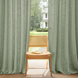 PONY DANCE Übergardinen mit Kräuselband Wohnzimmer Gardinen für Große Fenster 1er Set H 245 x B 300 cm Schienen Gardinen Vorhang Leinen Halbtransparent Boho Linen Curtains, Salbeigrün