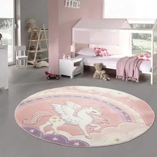 kreisförmiger Kinderzimmer Spielteppich • strapazierfähig • Einhorn Regenbogen