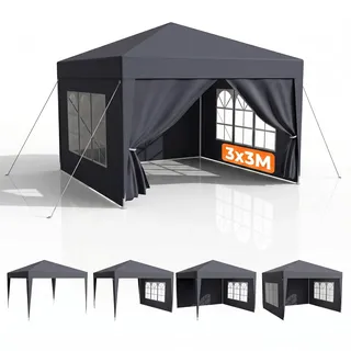 Pavillon 3x3m Wasserdicht Stabil Winterfest, Faltpavillon mit Abnehmbaren Seitenteilen, UV Schutz & Windschutz, Gartenpavillon Partyzelt für Markt, Festival, Camping, Hochzeit, Anthrazit