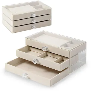 Klarer Acryl Schmuckkasten, 3 Schubladen Transparent Verstellbarer Samt Schmuckaufbewahrung Organizer für Ohrringe Ringe Halsketten Armbänder Schmuck Display, Beige