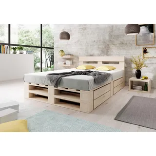 Lermowood Palettenbett M2 aus Holz 200 x 200 cm Natur mit Kopfteil und 2 Bettkästen Holzbett 40cm Stabiles Seniorenbett Kinderbett Jugendbett Gästebett erhöhtes Bettgestell Futon Komforthöhe Naturholz