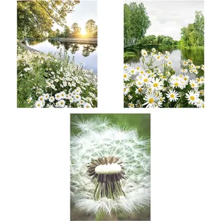 CULASIGN 3 Stück Stilvolle Modern Poster Set, Grün Gänseblümchen Wandbilder Landschaft Bilder Leinwandbilder, Ohne Rahmen Bilder für Wohnzimmer (Stil B,40 x 50 cm)
