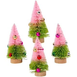 4 Stück Mini Weihnachtsbäume, künstliche Flasche Pinsel Weihnachtsbäume kleine Tannenbaum mit hölzernen Basen Dekorationen für Xmas Urlaub Party Home Zimmer Tischdekoration, Rosa