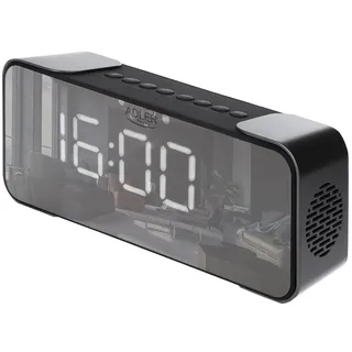 Adlereurope AD 1190 Kabelloser Radiowecker - FM, 3 Weckermodi, LED-Display, Bluetooth 5.0, AUX/SD, 1800 mAh Akku, Spiegeloberfläche, 24/12-Stunden-Uhr, Silber/Schwarz