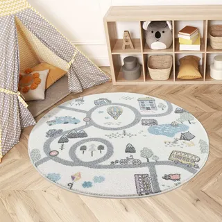 Carpet City Kinderteppich CARPET CITY "Anime9376", beige (creme), H:11mm Ø:120cm, Polypropylen (PP), Teppiche, Spielteppich, Straßen-Spiel-Teppich, Auto, Weicher Flor, Pflegeleicht, Kinderzimmer