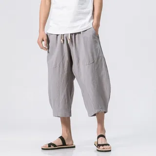 Bywenzai Kurze Hose Männer Baumwolle Leinen Einfarbig Elastische Taille Shorts T Herren Hip-Hop Atmungsaktiv Lässig 3/4 Hosen Japanische Und Koreanische Yogahosen