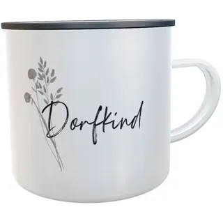 Tasse Dorfkind Emaille-Becher Dorfbub Dorfmädel Kaffeetasse mit Spruch Emailletasse Dorfkinder Blechtasse (grau/schwarz)