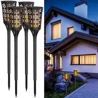 Lunartec 4er-Set LED-Solar-Gartenfackeln mit Flammen-Effekt und Akku, 78 cm