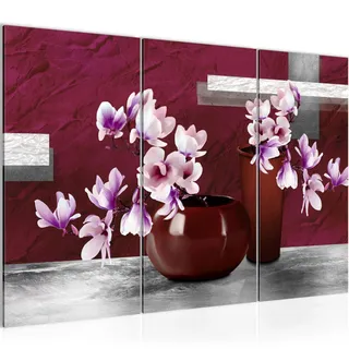 Runa Art Wandbilder Blumen Abstrakt Bild XXL Wohnzimmer Schlafzimmer Grau Rot Blumenvase 120 x 80 cm 3 Teilig 035231a