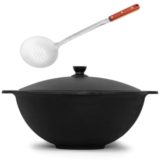 Kazan aus Gusseisen 16 L mit Schaumkelle NAMANGAN Kasan Uzbekisch mit Deckel Cast Iron KESSEL Uzbek Camping Usbek Schwenktopf Asia WOK Topf mit Aluminium Deckel Grillwok Gusstopf Wokpfanne