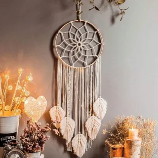ISAKEN Boho Traumfänger Dreamcatcher, Groß Weiß Makramee Traumfänger Wandbehang Böhmische Handgemachte Gewebte Traumfänger mit LED Licht Wanddeko Wandteppich für Schlafzimmer Wohnzimmer Dekoration