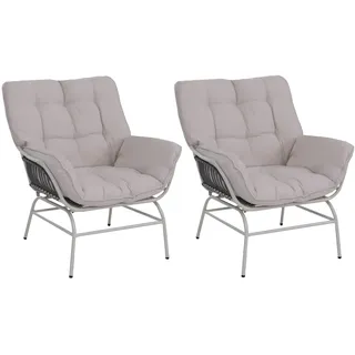 Mendler 2er-Set Gartenstuhl HWC-P75, Gartensessel Loungesessel, Stoff 220g/m2 Poly-Rattan Metall ~ hellgrau, Polster beige