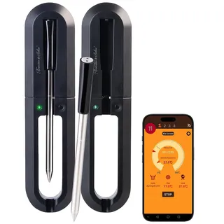 Rosenstein & Söhne Fleisch-Thermometer: 2er-Set Kabelloses Fleischthermometer für Grill oder Ofen, App (Grillthermometer Digital Funk, Kerntemperatur Thermometer, Topf)