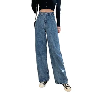 dalamirra Damen Jeans Freizeithose Y11K Stil High Waisted Jeans Weites Bein Elastische Elegante Hose Jeans Retro lose Freizeithose Street Wear Gerade Bein Jeans Weites Bein Jeanshose - S