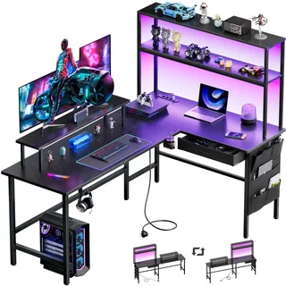 HLONONE Gaming Tisch L Form mit LED & Steckdosen, 150 x 100 cm Reversibel | Eckschreibtisch mit 3 USB-Anschlüssen, Monitorständer, Aufbewahrungstasche & Schublade, für Homeoffice und Gaming, Schwarz