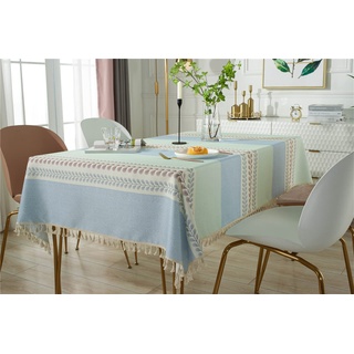 TROYSINC Tischdecke, Abwaschbar Tischdecken mit Quaste, Landhausstil Rechteckige Tischdecke Leinenoptik Tischdecke Tischwäsche für Home Küche Dekor (Blau+Grün,140 x 200 cm)