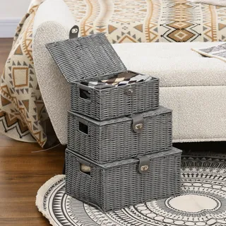Homcom Aufbewahrungskorb 3er-Set aus Kunststoff und Rattan 29 x 36 x 18 cm grau