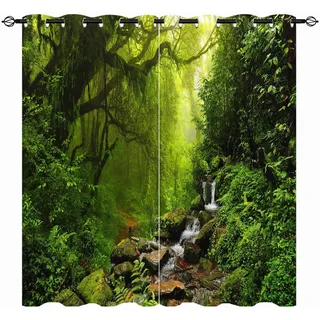 YUANZU Natur Vorhänge Wald Grünes Dschungel Wasserfall Ösen Gardinen mit Blickdichte Thermo Vorhang Kälteschutz Blackout Curtain Wohnzimmer Schlafzimmer Verdunkelung Fenster, 2 Stück, H 260 x B 140 cm