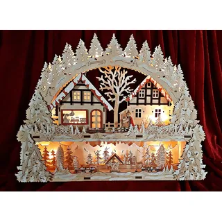 ❀ Schwibbogen Dorf Fachwerkhäuser Rehe Krippe LED + Trafo Podest Fensterleuchter