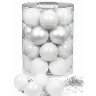 INGE-GLAS Inge Glas Weihnachtskugeln mit Haken | Schöne Christbaumkugeln aus Glas | Set 20 Kugeln und 40 Aufhänger | Christbaumschmuck Weihnachtsbaumkugeln (Just White | weiß)