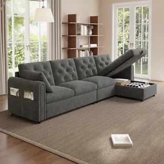Merax Sofa Ecksofa mit Stauraum und Schlaffunktion, 4-Sitzer Couch mit Armlehnen-Taschen und 2 Kissen, Big Sofa L Form - Moderne Reversible-Design, Bequeme Samtstoff, Grau