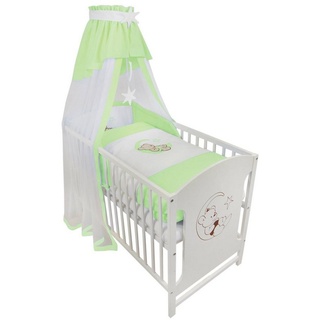 Babyhafen Komplettbett 60 × 120 cm Babybett Teddy auf dem Mond Gitterbett Kinderbett, inkl. Matratze, Himmel, Nestchen & Bettwäsche grün