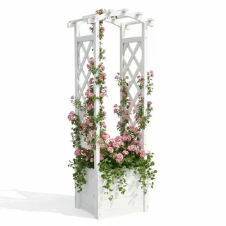 Mucola Rosenbogen mit Pflanzkasten Holz Spalier mit Blumenkasten Rankhilfe Deal für Kletterpflanzen Pflanzkübel Rosensäule Rankgitter - Weiß