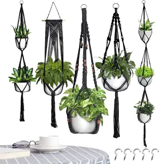 Masoog Makramee Blumenampel Hängend, 5er Set Boho Deko Makramee Hängeampel Mit Haken, Baumwollseil Blumentopf Hängend, Boho Zimmer Dekoration Aesthetic, Hängepflanzen Für Balkon Fenster Deko