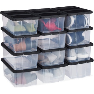 Relaxdays Schuhboxen Kunststoff, 12er Set, stapelbar, durchsichtige Aufbewahrungsbox mit Deckel, 12,5x20x34,5cm, schwarz