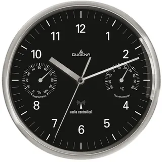 DUGENA Funk-Wanduhr 4277406 Aluminium Ø 30 cm – Präzise Funkuhr mit geräuschlosem Quarzuhrwerk, Schlichtes Design mit weißem Zifferblatt & schwarzem Rahmen, ideal für Büro, Küche