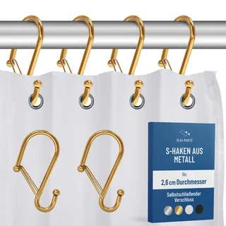 Blau Marité 12 Metall-Duschvorhanghaken in S-Form mit Anti-Fall-System, Duschvorhangringe mit Sicherheitsverschluss, Geeignet für Stangen bis 2,6 cm Durchmesser (S, Gold)