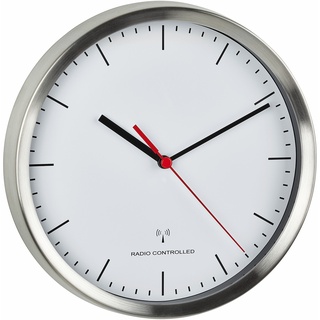 TFA Dostmann Funk-Wanduhr modern, 60.3530.02, leises Uhrwerk, Rahmen aus gebürsteten Aluminium, 22 cm Durchmesser, silber