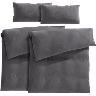 Pure Label Musselin Bettwäsche 155x220 4 teilig bestehend aus Bettbezug 155 x 220 cm 2er Set + Kissenbezug 40x80 cm 2er Set aus Baumwolle - Traumhaft kuschelige Bettwäsche-Sets in anthrazit