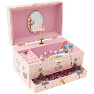 Musikalisches Schmuckkästchen Kinder Spieluhr mit Drehendem Einhorn Ballettmädchen Spiegel Schubladen Schmuckkasten für Kleine Mädchen Geburtstagsgeschenk(Rosa-Schwarzer Ballettmädchen)