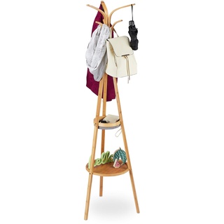 Relaxdays Garderobenständer, moderner Jackenständer aus Bambus, 2 Ablagen, 6 Haken, Baum Design, 178 x 50 x 50 cm, natur