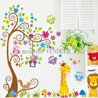 Wandtattoos Für Kinder: Bunte Bäume Und Tiere (eule, Giraffe, Löwe)