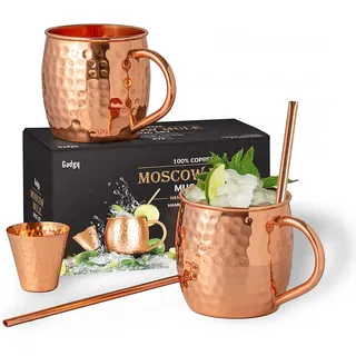 Gadgy Moscow Mule Becher Set aus Kupfer – 2 Handgefertigte Kupferbecher + 2 Strohhalme + Barmaß – Cocktail Becher Set für Moscow Mule, Gin & Cocktails – Geschenkset in Geschenkbox