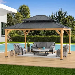 SUNJOY 3,9×4,5 m Gartenpavillon aus Zedernholz, Stahl-Doppeldach-Hardtop, 11.6 cm Pfosten, Wind- und schneelastbeständig, Outdoor-Pavillon für Terrasse, Deck-Partys