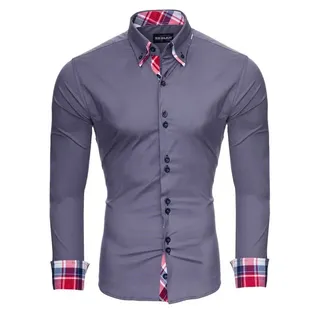Reslad Langarmhemd Reslad Herren Hemd Button-Down Slim Fit Kontrast Langarmhemd RS-7015 (3-tlg., Hemd) Doppelkragen Kontrast Karo Muster Hemden grau XXL
