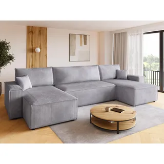 BROMARKT Ecksofa mit Schlaffunktion Cord Hellgrau Wohnlandschaft u Form Big Sofa Schlafsofa mit Bettkasten Schlafcouch Wohnzimmer Couch 5 sitzer 312x143x85 cm ADI