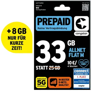 congstar Prepaid ALLNET M SIM-Karte ohne Vertrag I 33 GB Prepaid-Paket | 10 € Startguthaben I In D-Netz Qualität I 5G mit 25 Mbit/s I Telefonie & SMS Flat in alle deutschen Netze I EU-Roaming inkl.