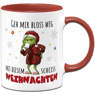 Tassenbrennerei Grinch Tasse - Geh mir bloß weg mit diesem Weihnachten - Weihnachtstasse lustig - Kaffeetasse mit Spruch Geschenk für Anti Weihnachtsmuffel, Kollegin (Rot)