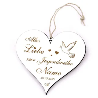 Jugendweihe Schild Herz graviert - Alles Liebe zur Jugendweihe - Holz Deko Geschenk mit Namen + Datum 13 x 12 cm