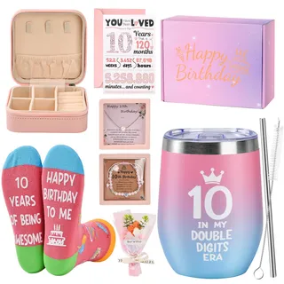 Geschenk Mädchen 10 Jahre Geschenkbox, 10 Geburtstag Mädchen Thermosbecher | Socken Schmuck Kästchen Armband Grußkarte Blumenstrauß Teenager Geschenkideen für Tochter Enkelin Schwester Freundin Nichte