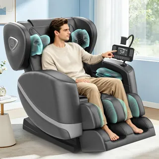 Ganzkörper Massagesessel mit Rollen & Airbags für Massage, Zero Gravity mit Bluetooth Lautsprecher und Touchscreen, Heizfunktion für Taille & Beine, mit Fußmassage für Hause/Büro (Dunkelgrau)