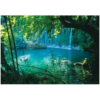 WallArena Vlies Fototapete Wasserfall Wald Grün Natur Dschungel 416x254 cm | Hochwertige Vliestapete, für Wohnzimmer Schlafzimmer, Vliestapete Wandtapete Tapete 3D Effekt- inkl. Kleister