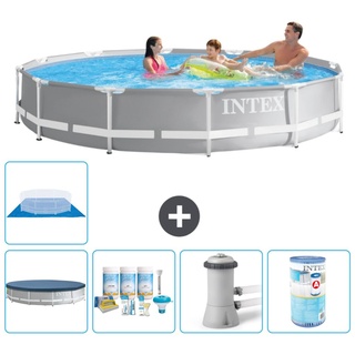 Intex Pool mit rundem Prismenrahmen – 366 x 76 cm – Grau – im Lieferumfang enthalten Abdeckung - Wartungspaket - Filterpumpe für Schwimmbad ...