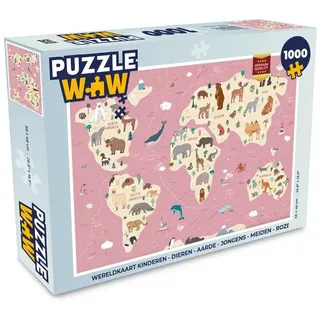 MuchoWow Puzzle Weltkarte Kinder - Tiere - Erde - Jungen - Mädchen - Rosa, 1000 Puzzleteile, Foto-Puzzle, Bilderrätsel, Puzzlespiele, Klassisch rosa 48 cm x 68 cm x 2 cm
