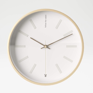 PLAYBOY Uhr mit goldenem Metallrahmen, B/H: 28x28cm, weisses Ziffernblatt, mit BUNNY Logo und Schriftzug "Follow the Rabbit", Wanduhr, Gold, Weiss, Retro-Design