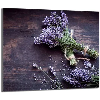 Herdabdeckplatte 60x52 cm Einteilig Glas für Elektroherd und Induktion Herdschutz Spritzschutz Glasplatte Deko Schneidebrett, Lavendel Holz Design